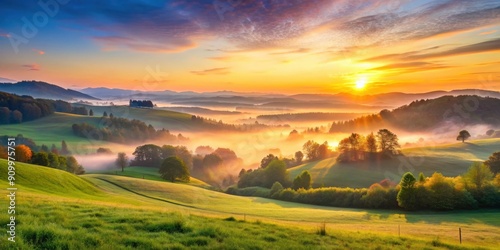 Serene landscape of a tranquil morning sunrise over the hills and meadows, peaceful, sunrise, morning, landscape, nature