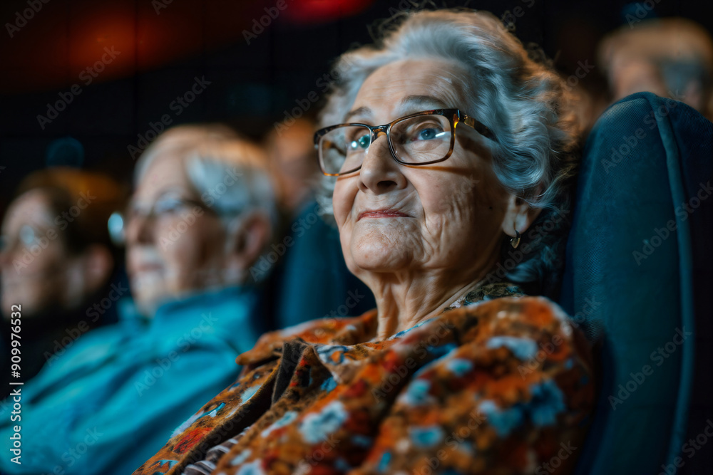Elderly woman enjoying a movie at the cinema, immersed in the film with a content expression