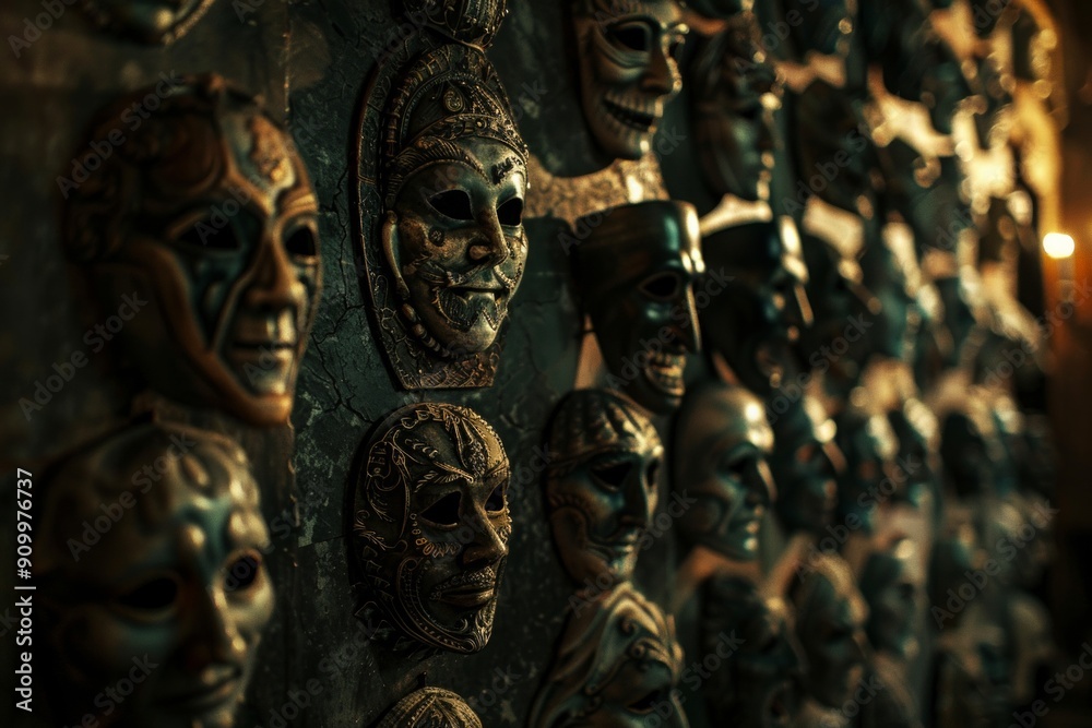 Creepy Mask Collection. A dimly lit room filled with old, ornate masks hanging on the walls, their empty eye sockets creating an unsettling atmosphere. Creepy Mask Collection. A dimly lit room filled with old, ornate masks hanging on the walls, their empty eye sockets creating an unsettling atmosphere.