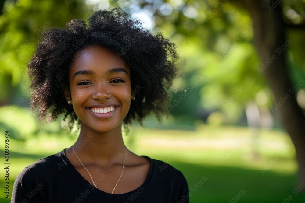 Smiling young woman with natural curly hair in sunny park, showcasing happiness, outdoor joy concept Smiling young woman with natural curly hair in sunny park, showcasing happiness, outdoor joy concept