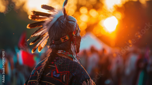 A man wearing a headdress stands in front of a crowd watching the sun set