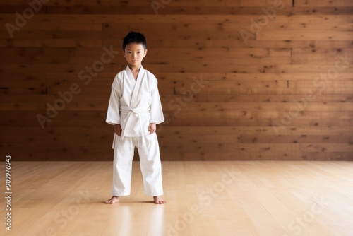 Young boy in karate gi standing on wooden floor, martial arts practice concept photo