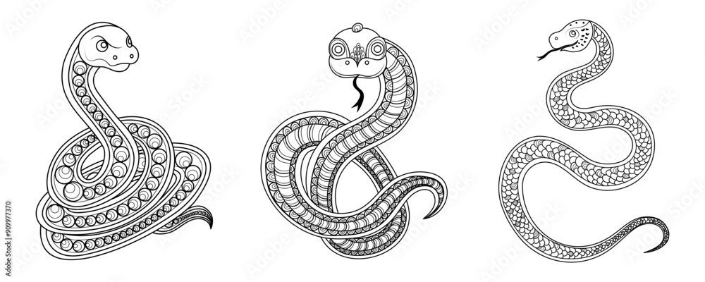 Three different drawings of a snake, each with a different design. The first one is a simple, straight line, the second one has a diamond pattern, and the third one has a more intricate design Three different drawings of a snake, each with a different design. The first one is a simple, straight line, the second one has a diamond pattern, and the third one has a more intricate design