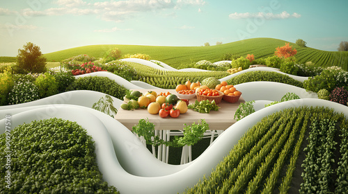 3D rendering of farm fields with fruit and vegetables on the table, photo