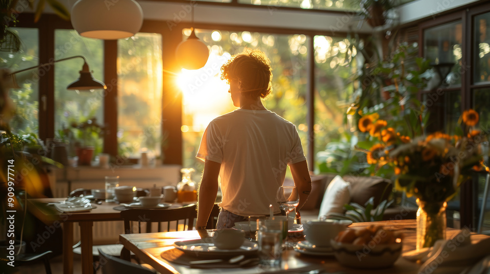 Person standing in a sunlit room, facing a window with a dining table set for breakfast Person standing in a sunlit room, facing a window with a dining table set for breakfast