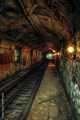 Creepy Subway Station. An old, unused subway station with flickering lights, graffiti-covered walls, and a sense of foreboding. 