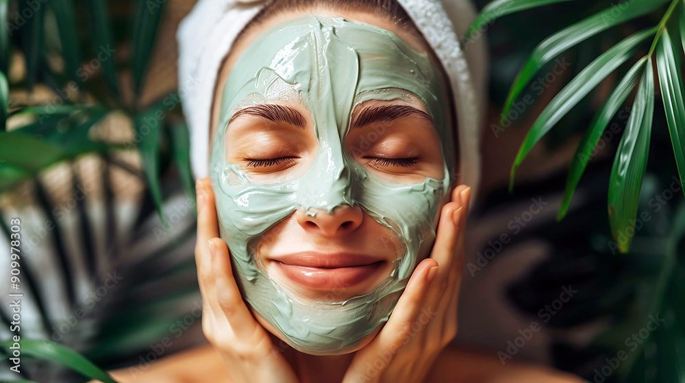 Relaxing smiling woman laying in spa using natural colored face mask Relaxing smiling woman laying in spa using natural colored face mask