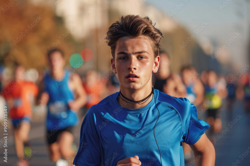 Fototapeta premium Focused young male runner in blue shirt competing in a marathon on a sunny day
