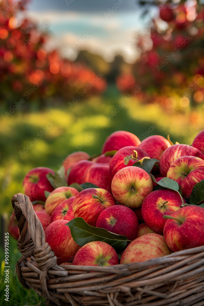Wicker basket with apples in orchard. Autumn harvest and organic fruit ...