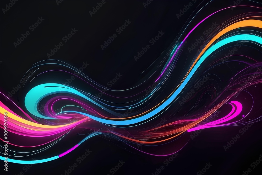 Naklejka premium elegant blend of dark and bright wave lines in motion, featuring vibrant colors against a black background, symbolizing energy and contrast in digital art
