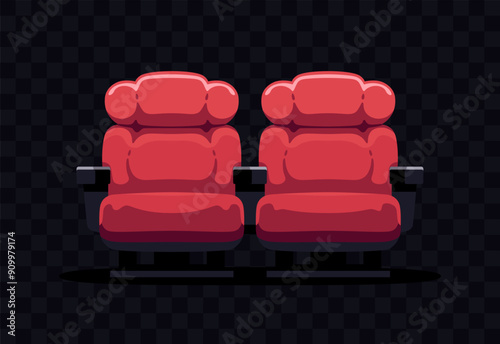 Red cinema chairs isolated. Front view. Rows of seats, red cinema chairs. Movie theatre. Flat style cartoon design. Simple cartoon background. Vector eps10 illustration.