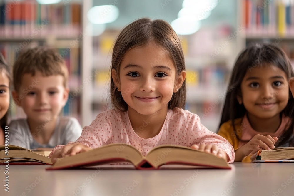 Children reading books together in library, focused expressions, early education concept Children reading books together in library, focused expressions, early education concept