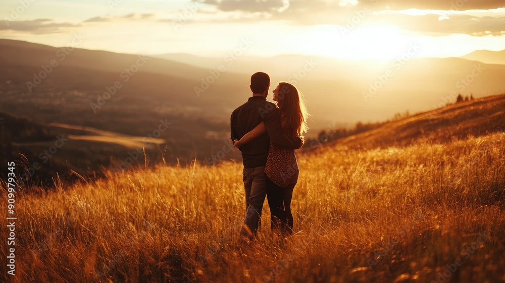 Couple embraces on hill at sunset, overlooking scenic view Couple embraces on hill at sunset, overlooking scenic view