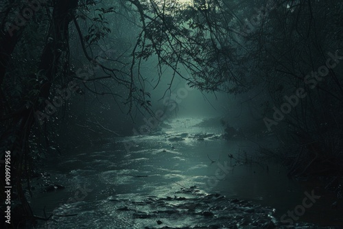 A slow-moving river through a dense, silent dark forest