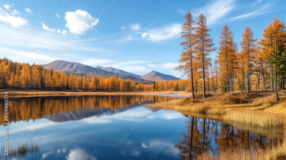 Obraz premium Serene lake reflects colorful autumn trees with mountains in background