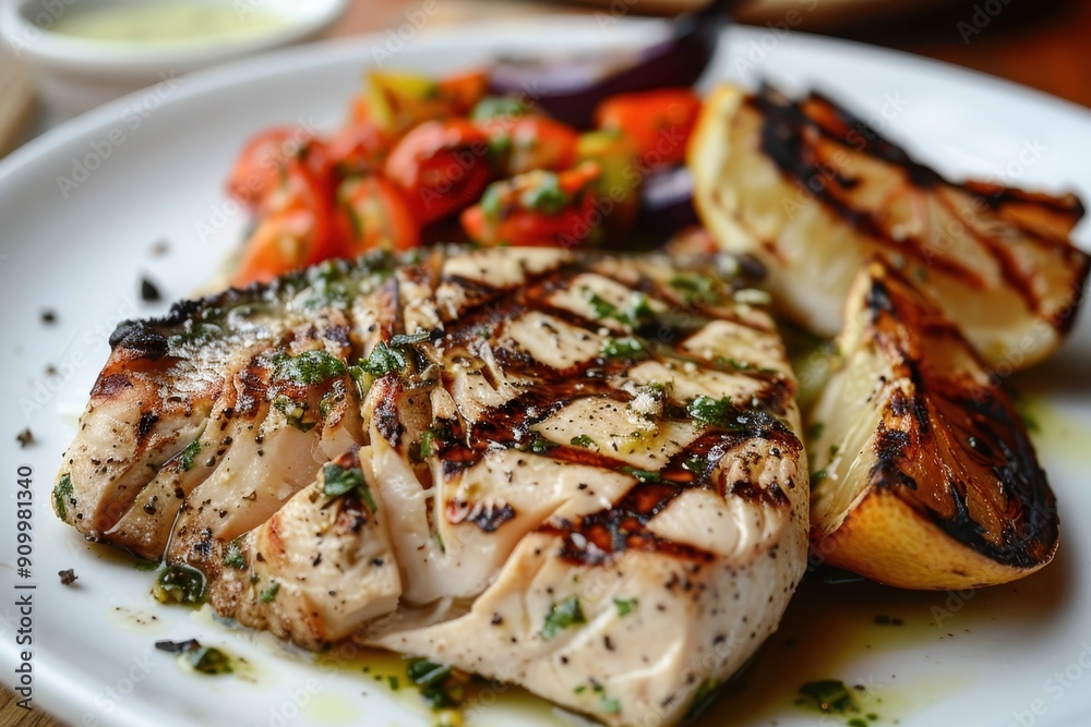 A plate of grilled swordfish steaks, served with a side of roasted vegetables and a drizzle of lemon herb sauce. A plate of grilled swordfish steaks, served with a side of roasted vegetables and a drizzle of lemon herb sauce.