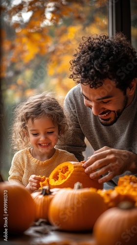 Father and Daughter Enjoying Pumpkin Carving Together on a Fall Afternoon