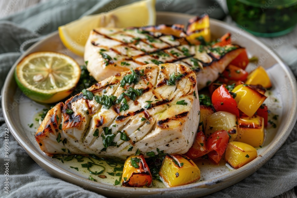 A plate of grilled swordfish steaks, served with a side of roasted vegetables and a drizzle of lemon herb sauce. A plate of grilled swordfish steaks, served with a side of roasted vegetables and a drizzle of lemon herb sauce.