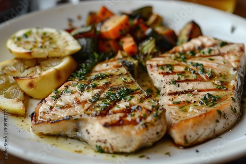 A plate of grilled swordfish steaks, served with a side of roasted vegetables and a drizzle of lemon herb sauce.