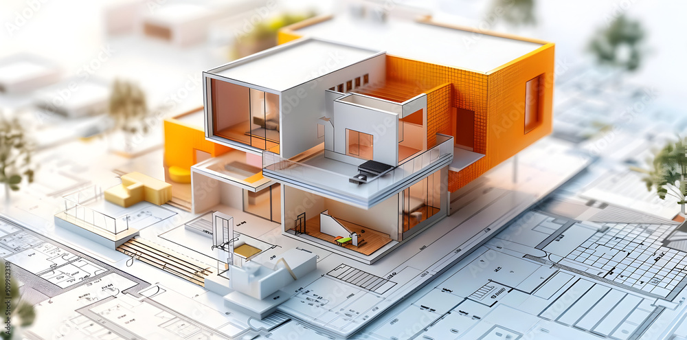3D Model of a Modern Home on Architectural Plans 3D Model of a Modern Home on Architectural Plans