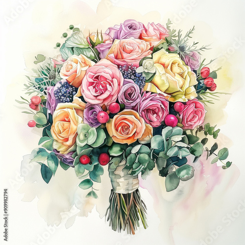A beautifully painted watercolor bouquet of the bride, a bouquet of pastel-colored flowers on a watercolor background.