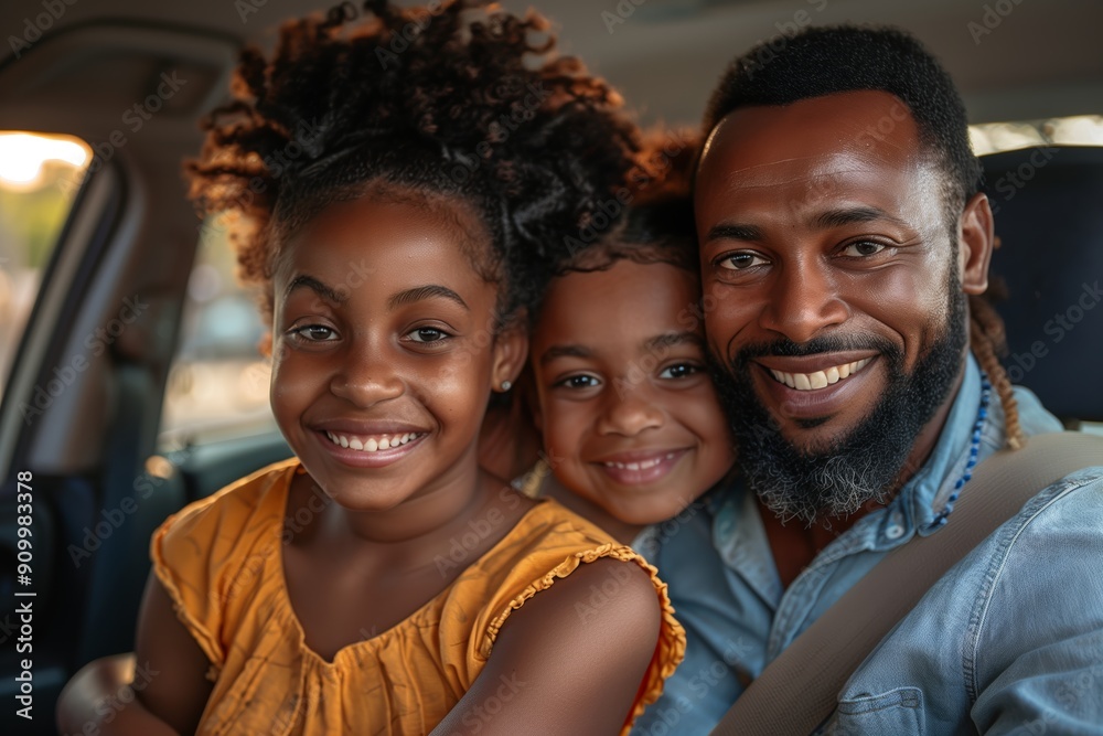 Fototapeta premium Happy Family Moment Inside Car During Sunset at Local Park With Two Smiling Daughters