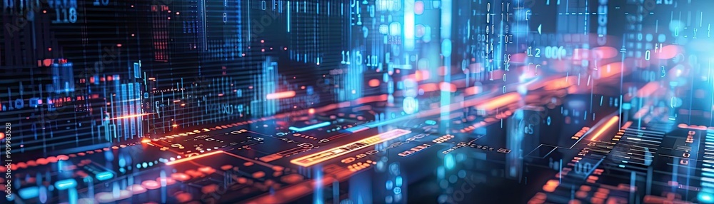 Obraz premium Futuristic digital landscape showcasing vibrant lights and data flows, ideal for technology and innovation themes.