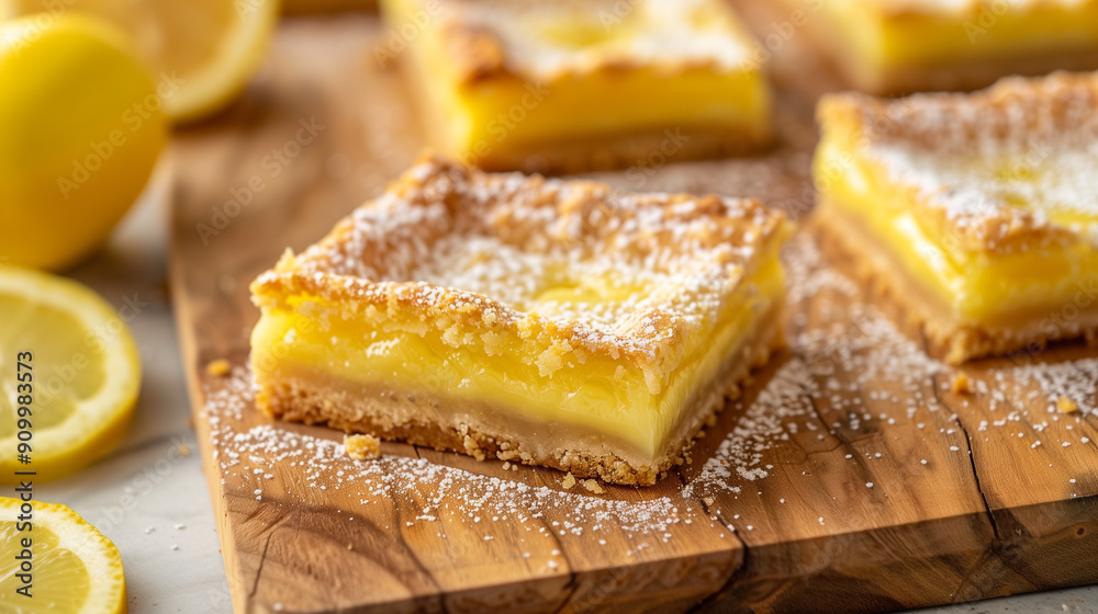 Close-up of lemon bars on wooden board, distinct crust and filling layers Close-up of lemon bars on wooden board, distinct crust and filling layers