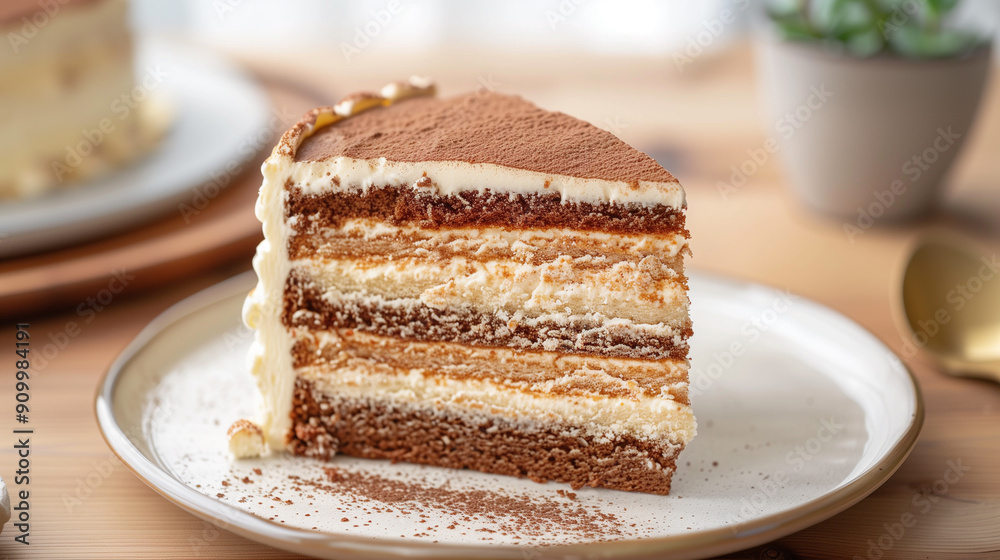 Four-layer cake, uncut, with visible filling between each layer, on a plain plate Four-layer cake, uncut, with visible filling between each layer, on a plain plate