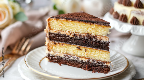 Slice of layer cake, revealing distinct layers of cake and filling, on a white plate