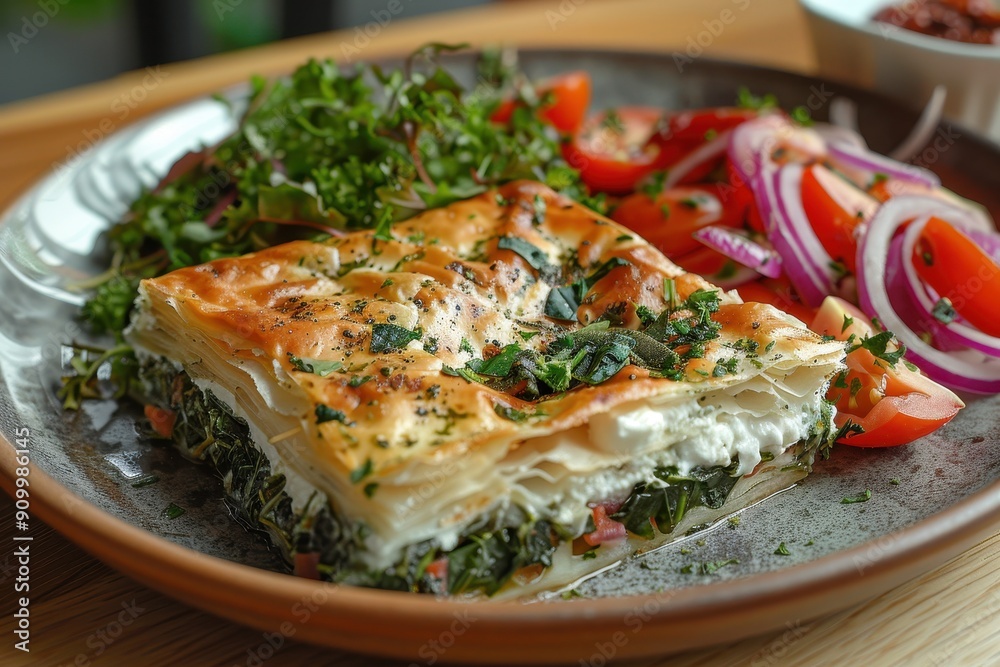 A plate of hortopita, a wild greens pie wrapped in crispy filo pastry, served with a side of Greek yogurt. A plate of hortopita, a wild greens pie wrapped in crispy filo pastry, served with a side of Greek yogurt.