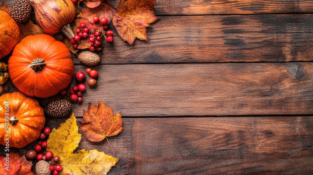 Autumn decor with pumpkins, leaves, and berries on rustic wood Autumn decor with pumpkins, leaves, and berries on rustic wood