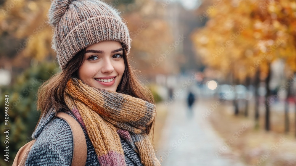 Smiling woman in warm clothing park during autumn Smiling woman in warm clothing park during autumn