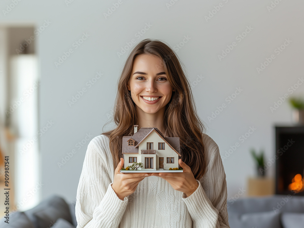 Young woman holding model house inside modern living room with natural light Young woman holding model house inside modern living room with natural light