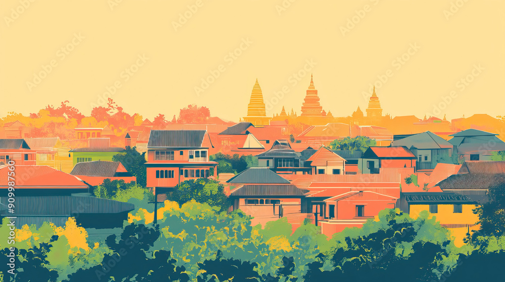 Obraz premium Risograph halftone riso print travel poster, card, wallpaper or banner illustration, modern, isolated, clear, simple of Pyay, Myanmar. Artistic, screen printing, stencil