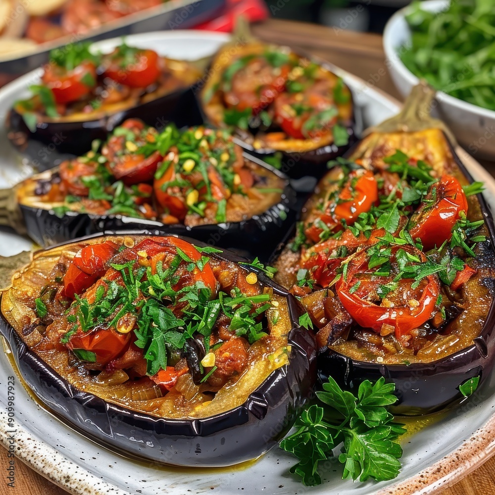 A plate of imam bayildi, eggplants stuffed with tomatoes, onions, and herbs, baked to perfection and garnished with parsley A plate of imam bayildi, eggplants stuffed with tomatoes, onions, and herbs, baked to perfection and garnished with parsley