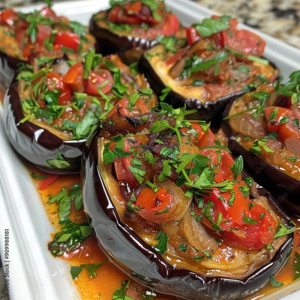 A plate of imam bayildi, eggplants stuffed with tomatoes, onions, and herbs, baked to perfection and garnished with parsley A plate of imam bayildi, eggplants stuffed with tomatoes, onions, and herbs, baked to perfection and garnished with parsley