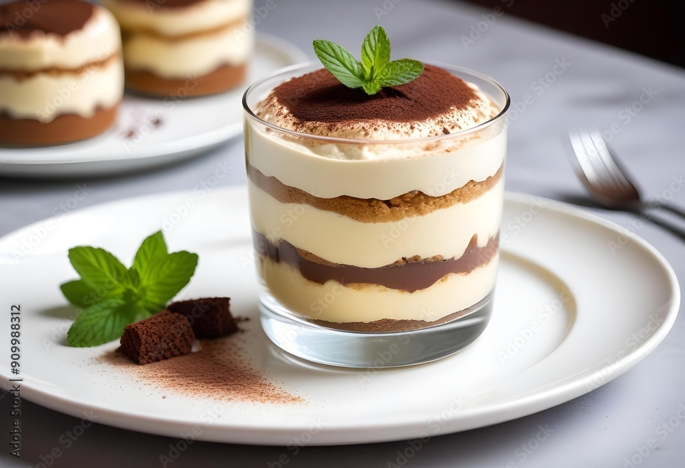 Freshly made tiramisu with mint, perfectly served in a café or restaurant. An ideal choice for an elegant dessert after a meal. Freshly made tiramisu with mint, perfectly served in a café or restaurant. An ideal choice for an elegant dessert after a meal.