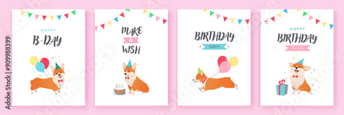 Happy Birthday cards collection with cute Corgi dog wearing festive cap. Celebration party with bunting flags, gift, cake and balloons. Cartoon vector illustration