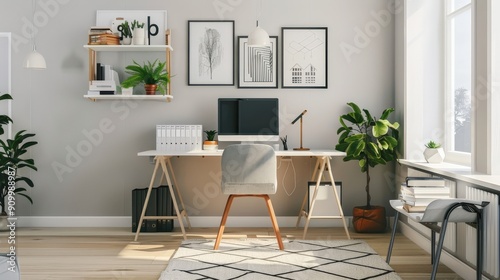 A contemporary home office with a clean design showcasing a desk  chair  plants  and artwork that promotes a productive working environment