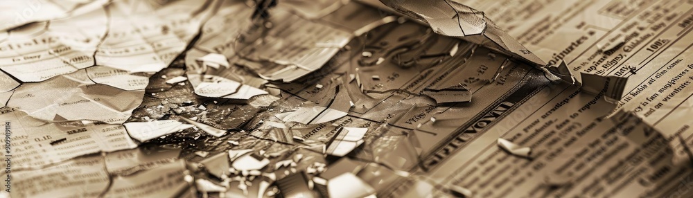 Close-up view of cracked newspaper and spilled water, capturing texture and nostalgia in a vintage ambiance. Close-up view of cracked newspaper and spilled water, capturing texture and nostalgia in a vintage ambiance.