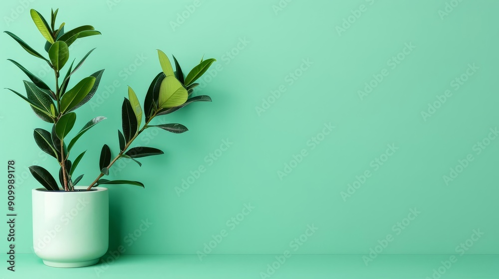 Green plant in a white pot against a green background. Green plant in a white pot against a green background.