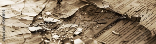 Close-up view of cracked newspaper and spilled water, capturing texture and nostalgia in a vintage ambiance.