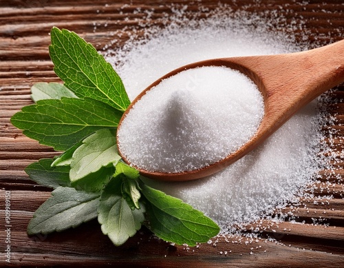 Stevia sweetener in the wooden spoon, with stevia leaves photo