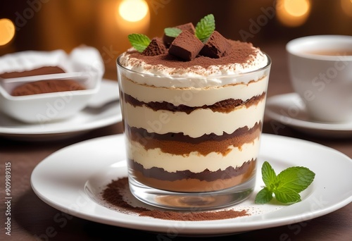 Tiramisu delicately garnished with a green leaf, adding a touch of freshness to the classic dessert. This elegant Italian dessert, with layers of mascarpone cream and coffee-soaked biscuits