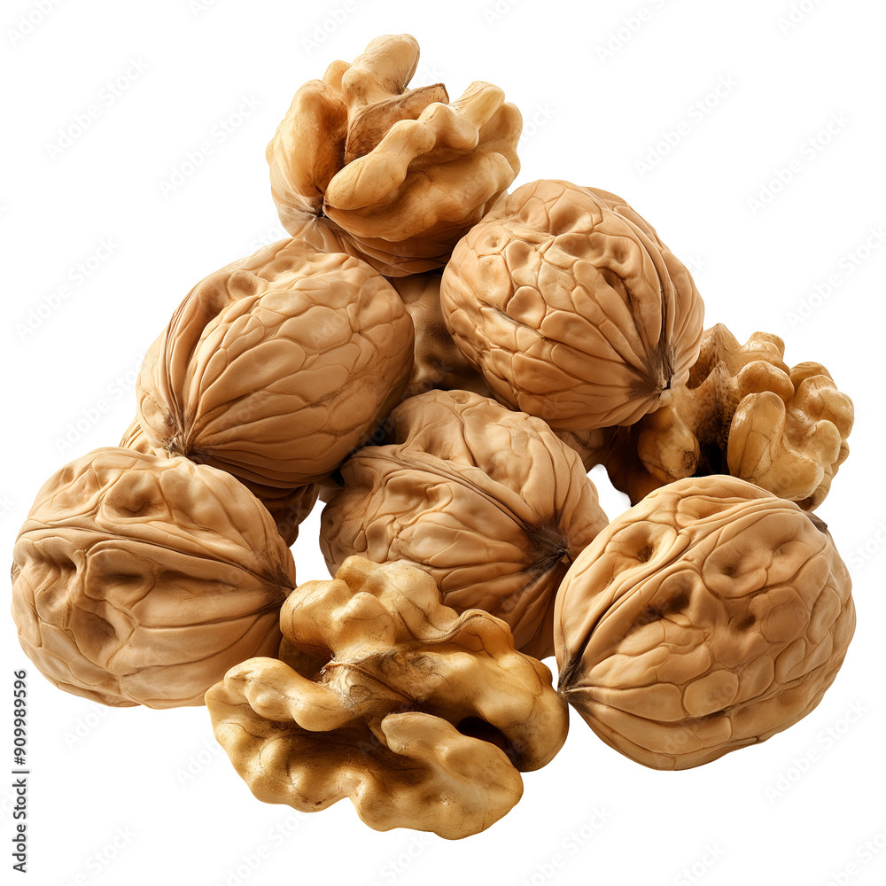 Walnuts in their shells and peeled on a white empty transparent background Walnuts in their shells and peeled on a white empty transparent background