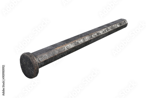 Close-up image of a single rustic, weathered railroad spike isolated on a transparent background.