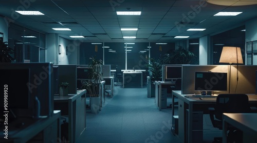A dimly lit office space at night  featuring desks  computers  and a warm lamp  creating a tranquil and calm atmosphere.
