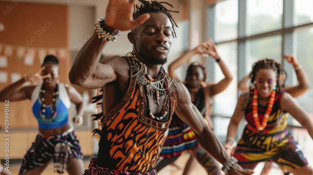 Obraz premium A diverse group performs lively dance routines during a rehearsal in a well-lit studio, showcasing their cultural expressions and rhythmic movements