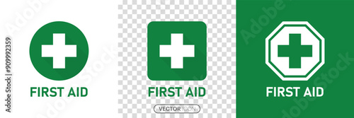  First aid icon symbol. Green FIRST AID sign with text and cross symbol Sign, Emergency medicine concept. first aid kit icon in linear style on white & transparent background.